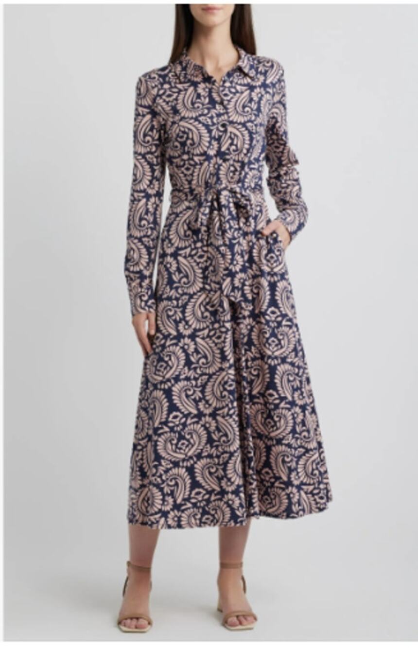 Boden Marcia Blue Pink Paisley Button Front Belted Shirt Dress 2